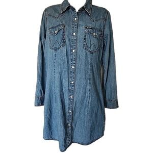 Wrangler Retro Pearl Snap Dress Size Medium Blue Denim Long Sleeve Cowgirl